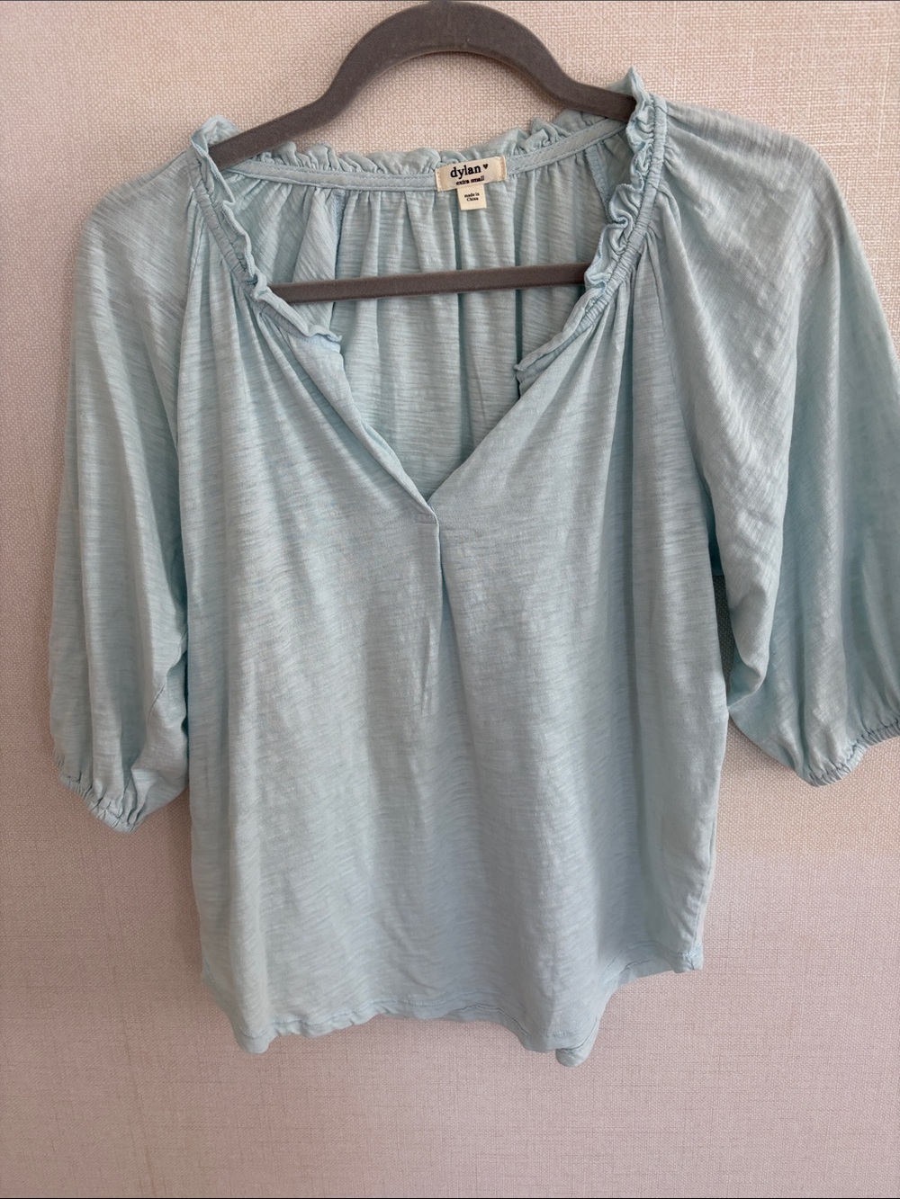 dylan Pale Blue Ruffle Trim V-Neck Blouse